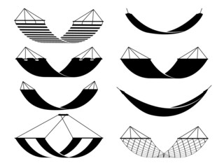 black hammock icons. different types camping adaptations, touristic simple silhouettes signs, outdoo