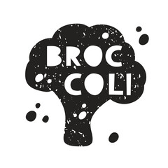 Broccoli grunge sticker. Black texture silhouette with lettering inside. Imitation of stamp, print with scuffs. Hand drawn isolated illustration on white background