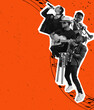 © master1305 - Modern design. Contemporary art collage. Young musicians performing, singing isolated over bright orange background. Concept of music festivals