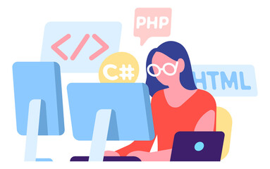 Wall Mural - woman coding in different programming languages. programmer work