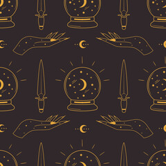abstract seamless pattern with outline woman hands, magic ball and knife. hand drawn mystical backgr