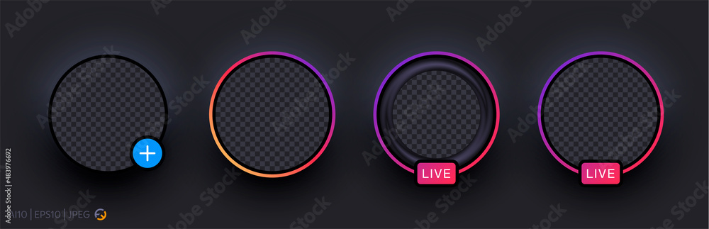 Profile Stream Frame Instagram live streaming frame set. Realistic profile frame with shadow ...