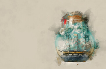 Wall Mural - watercolor style abstract image of nautical concept with old boat in the bottle