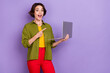 Photo of young woman indicate finger laptop suggest promo decision proposition agent isolated over violet color background