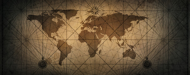 Fototapete - Old map of the world on a old parchment background. Vintage style. Tinting in gray-brown color. Elements of this Image furnished by NASA.