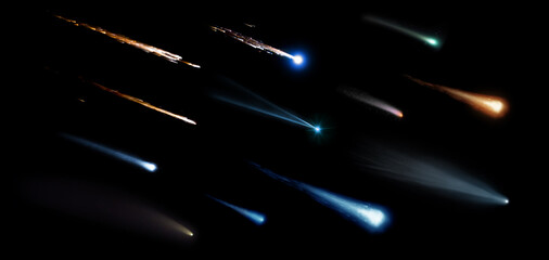 Wall Mural - collection of meteorites, asteroids, comets, meteors, comet tail isolated on a black background. ele