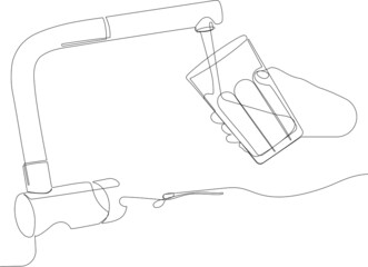 One continuous line is the concept. Vector illustration. Continuous line drawing of a hand of man draws water from a tap into a glass. Vector illustration