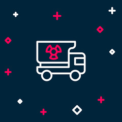 Sticker - Line Truck with radiation materials icon isolated on blue background. Colorful outline concept. Vector