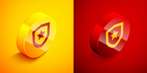 Poster - Isometric Police badge icon isolated on orange and red background. Sheriff badge sign. Circle button. Vector