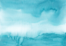 Abstract Liquid Sea Blue Watercolor Background Texture, Hand Painted. Artistic Cyan Blue Color Backdrop, Stains On Paper. Aquarelle Painting Wallpaper.