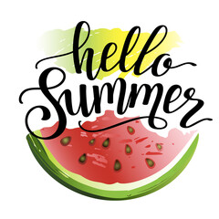 Wall Mural - Hello summer hand drawn lettering with watermelon slice. Summer sign.