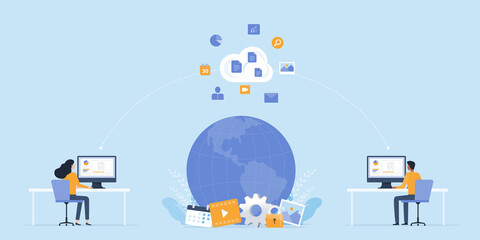 Wall Mural - business flat vector design people remote working online with internet wireless and working on cloud