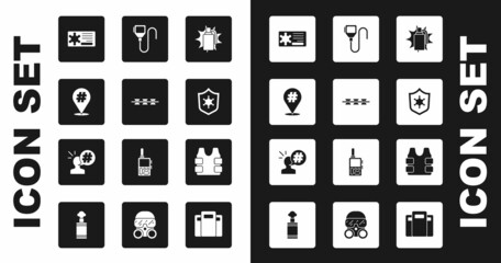 Sticker - Set Hand grenade, Barbed wire, Protest, Police badge, Walkie talkie, Bulletproof vest and icon. Vector