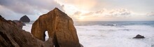 Pano Stormy Ocean Waves During Dusky Sunset In Coastal Oregon