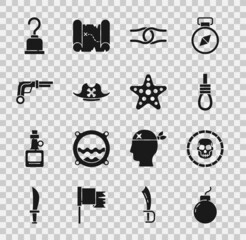 Wall Mural - Set Bomb ready to explode, Pirate coin, Gallows rope loop hanging, Rope tied knot, hat, Vintage pistols, hook and Starfish icon. Vector