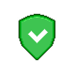 Wall Mural - colorful simple flat pixel art icon of green shield with green accept checkmark symbol