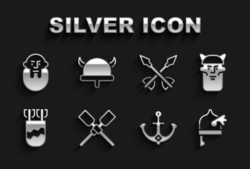 Poster - Set Oars or paddles boat, Viking head, horned helmet, Anchor, Quiver with arrows, Medieval, and icon. Vector