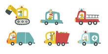 Set Of Cute Cartoon Baby Cars With Animals. Collection Of Doodle Vehicle With Mammal Drivers.