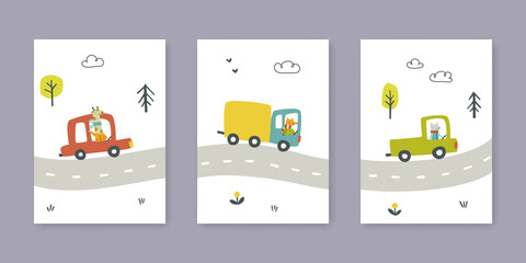 Wall Mural - set of baby cartoon cars driving on the road poster with animals. collection of nursery prints with 