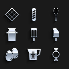 Sticker - Set Ice cream, Measuring cup, Candy, Easter eggs, container for milk, Kitchen whisk and Waffle icon. Vector