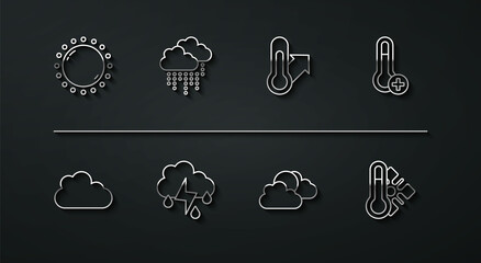 Poster - Set line Sun, Cloud, Meteorology thermometer, and cloud weather, with rain lightning, and icon. Vector