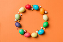 Round Frame Multi Colors Easter Eggs On Colored Background . Pastel Color Easter Eggs Holiday Concept With Empty Space For You Design
