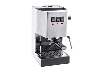 classic stainless steel carob coffee machine with holder and portafilter for espresso preparation and milk frother with black button and red indicator, appliance isolated on white side view.