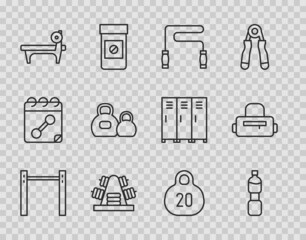 Sticker - Set line Horizontal bar, Bottle of water, Jump rope, Metal rack with weights, Bench barbel, Kettlebell, and Sport bag icon. Vector