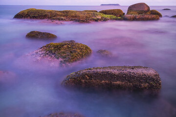 Wall Mural - Large rocks covered with moss in the middle of a river stream at the sunset