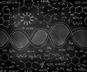 Chemistry vector seamless pattern with plots, formulas and dna strand handwritten with chalk on blackboard	
