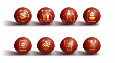 Poster - Set line Heart rate, Clinical record, IV bag, Location with cross hospital, Medical vial, ampoule, Medicine bottle and pills and Lungs icon. Vector