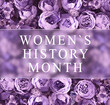 March is Women's History Month festive card with glassmorphism effect. Floral blurred background and text in frame. Lilac peonies beautiful background.