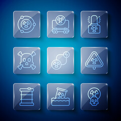 Poster - Set line Radioactive waste in barrel, warning lamp, exchange energy, Bones and skull, and Triangle with radiation icon. Vector