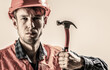 © Yevhen - Handyman services. industry, technology, builder man, concept. Man worker, building helmet, hard hat. Hammer hammering. Builder in helmet, hammer