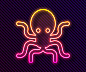 Poster - Glowing neon line Octopus icon isolated on black background. Vector