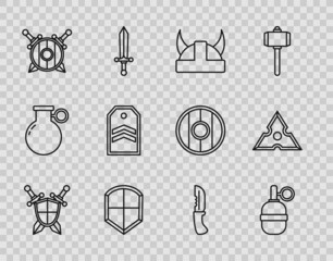 Canvas Print - Set line Medieval shield with crossed swords, Hand grenade, Viking in horned helmet, Shield, Wooden, Chevron, Military knife and Japanese ninja shuriken icon. Vector