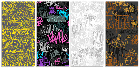 Colorful graffiti hip-hop tags with street art seamless pattern set - vector background. Doodle style endless background for print fabric and textile design. Spray paint graffiti tags	