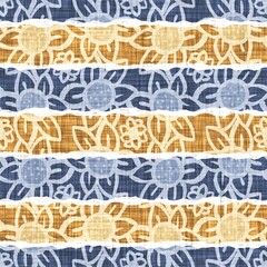 Seamless French country kitchen stripe fabric pattern print. Blue yellow white horizontal striped background. Batik dye provence style rustic woven cottagecore textile. 