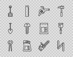 Sticker - Set line Pincers and pliers, Folding ruler, Leaf garden blower, Cement bag, Snow shovel, Metallic screw, Chainsaw and Putty knife icon. Vector