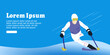Ui design template with a faceless person skiing in the snow on a blue background. 