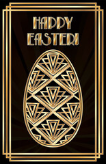 Wall Mural - Happy Easter art deco invitation card with gold pattern, vector illustration