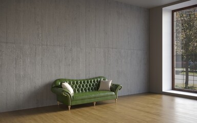 Wall Mural - 3d visualization of a large spacious modern interior with a concrete wall and a comfortable sofa with pillows, 3d render with copy space on an empty dark wall.