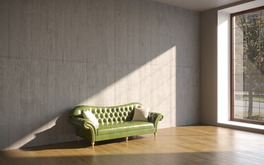 Wall Mural - 3d visualization of a large spacious modern interior with a concrete wall and a comfortable sofa with pillows, 3d render with copy space on an empty dark wall.