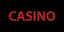 Casino. Red Letter With Luminous Glowing Lightbulbs. Vector Typography Word Design. Template Type Font For Poster.