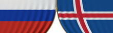 Flags Of Russia And Iceland And Closing Or Opening Zipper Between Them. Political Negotiations Or Interaction Conceptual 3D Rendering