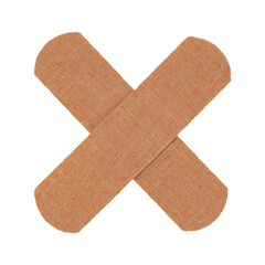 cross of two brown adhesive bandage, medical sticking plasters isolated on white