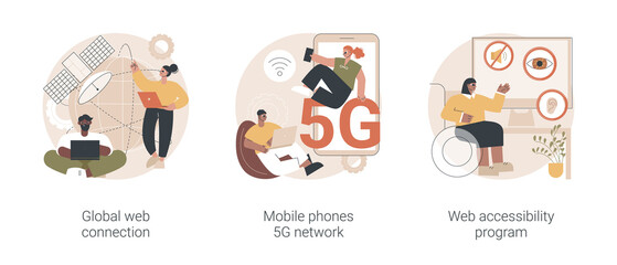 Global network communication abstract concept vector illustration set. Global web connection, mobile phones 5G network, web accessibility program, satellite, GPS technology internet abstract metaphor.