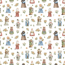 Watercolor Seamless Pattern With Vintage Animal Characters In Clothes And Varied Flowers Isolated On White Background. Hand Drawn Illustration Sketch