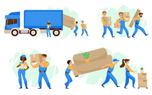 Move Company Vector Illustration Set. Movers In Blue Uniform Unloading Boxes And Furniture From Blue Truck.