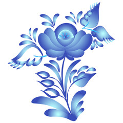 Wall Mural - Blue single flower. Element for ornament in the style of ethnic national cobalt painting on porcelain. Floral item with leaves and curls for ornament design isolated on white.